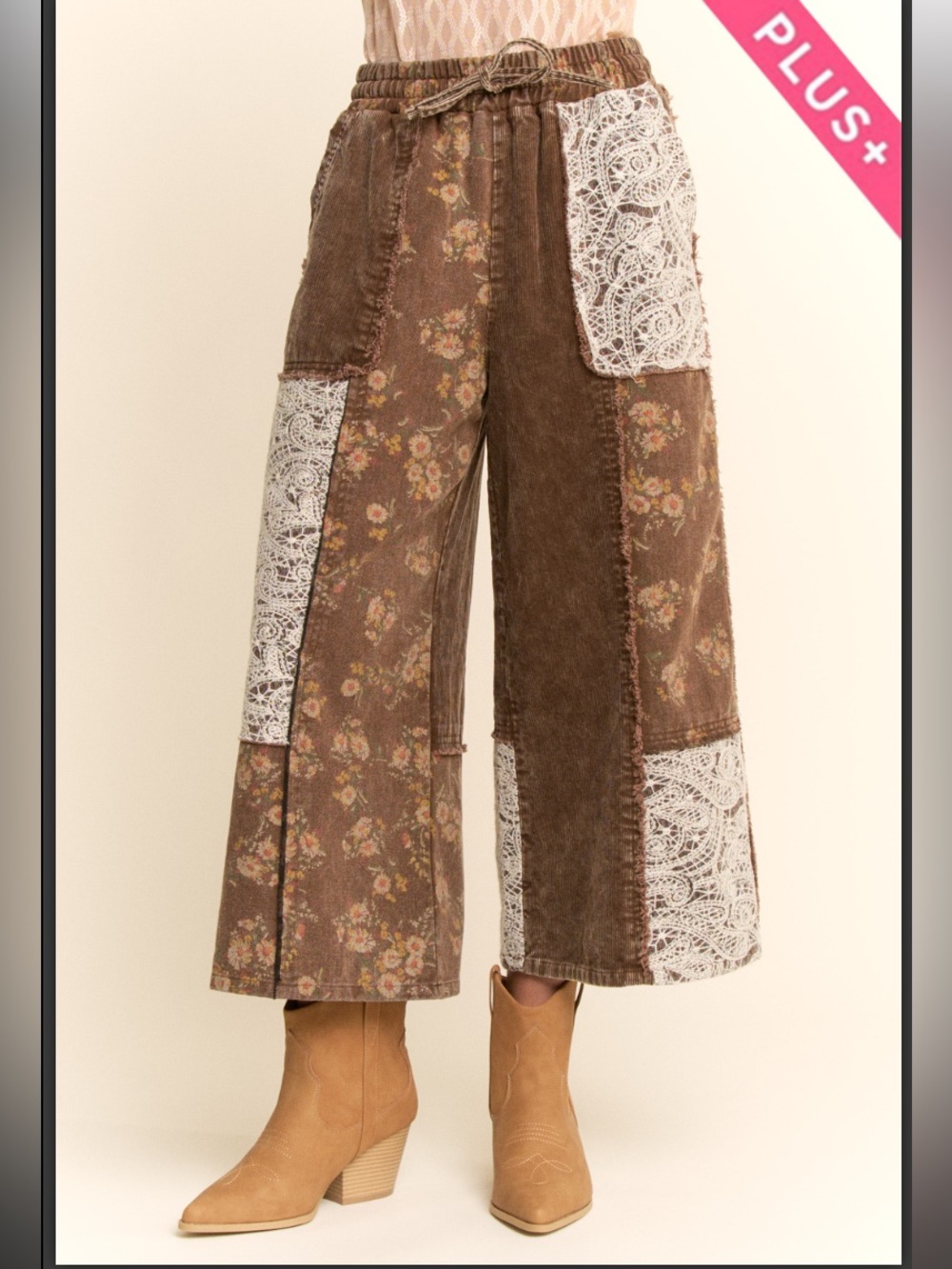 DAVI & DANI Brown Corduroy Patchwork Wide Leg Pants